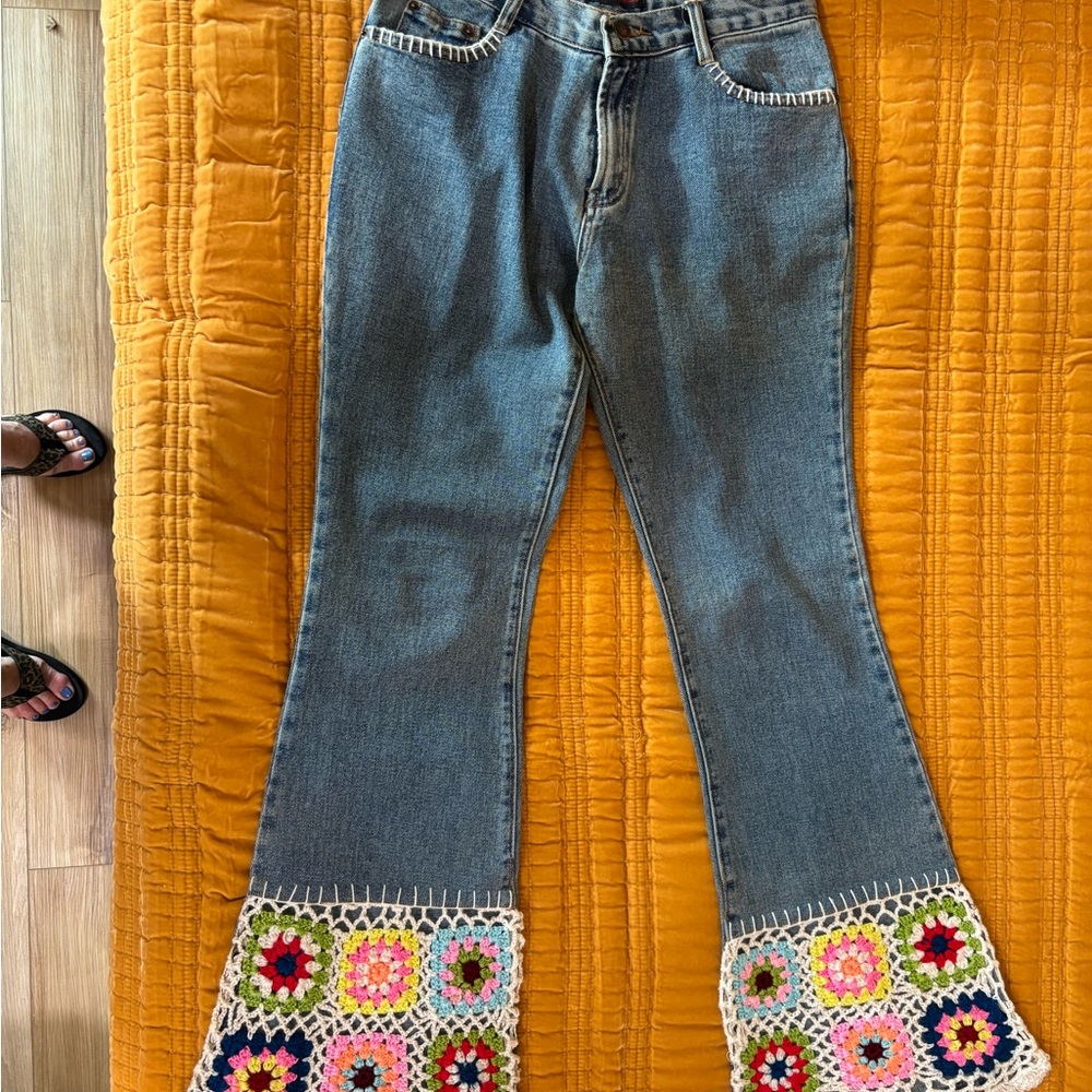 Revolt Y2K Crochet Flare Jeans | Boho Granny Square Patchwork Denim Size 27